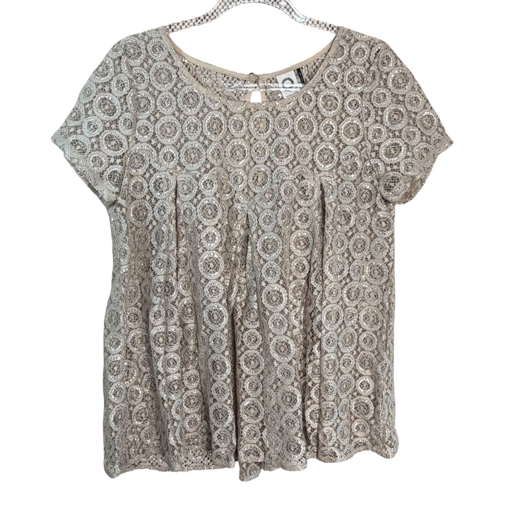 Akemi + Kin Anthropologie Silver Metallic Lace Circle Mesh Top Large Tan